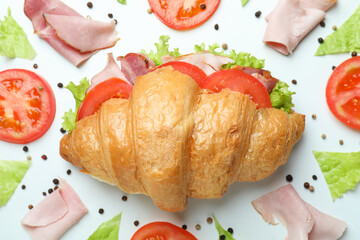 Croissant sandwich and ingredients on white background, close up