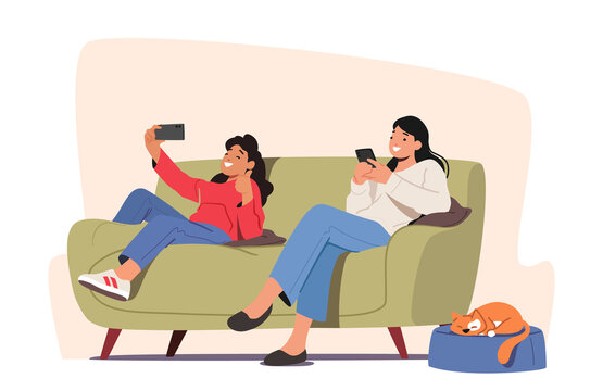 Family Characters with Digital Electronic Devices. Girl and Mother Chatting Online Use Smartphones. Mom Ignore Daughter