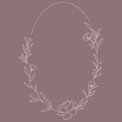 Floral Wreath branch in hand drawn style. Floral round brown and beige frame of twigs, leaves and flowers. Frames for the Valentine's day, wedding decor, logo and identity template.