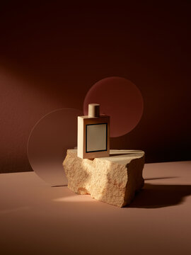 Mockup geometric shape stone podium with glass perfume bottle