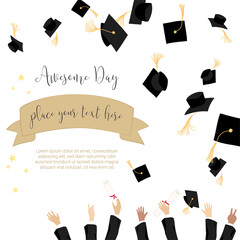 Fototapeta na wymiar College graduation day card illustration design with hands holding diploma and throwing graduation caps