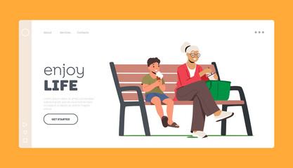 Enjoy Life Landing Page Template. Little Boy and Grandmother Eating Ice Cream. Happy Characters Granny and Grandson