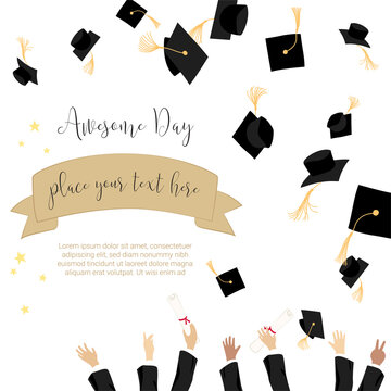 College graduation day card illustration design with hands holding diploma and throwing graduation caps