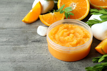 Skin care scrub concept on gray textured background