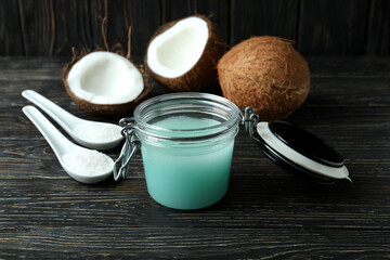 Skin care scrub concept on wooden background