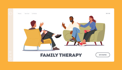 Family Therapy Landing Page Template. Psychotherapeutic Meeting, Psychological Aid. Characters on Sofa Talking to Doctor