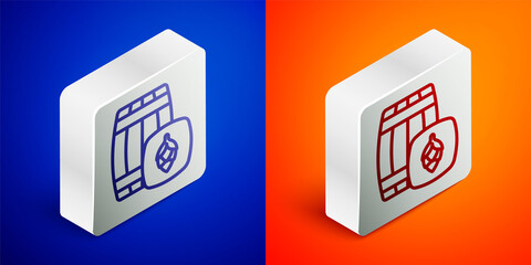 Isometric line Wooden barrel icon isolated on blue and orange background. Alcohol barrel, drink container, wooden keg for beer, whiskey, wine. Silver square button. Vector