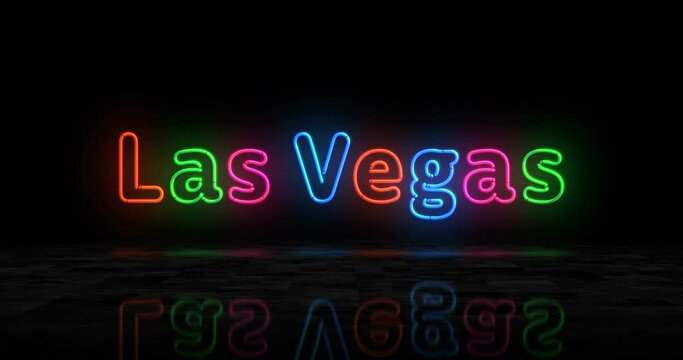 Las Vegas neon glowing symbol. Light color bulbs with Nevada casino city, nightlife, entertainment and gamble club sign. Abstract concept 3d animation.