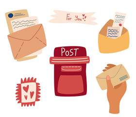 Set of mail items. Postal service. Letter Box, postal envelopes and letters stamps, hand with envelope. Communication elements. Flat vector illustration.