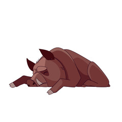 Wild boar dead or sleeping. Cartoon character of an adult mammal animal. A wild forest creature with brown fur. Side view. Vector flat illustration isolated on a white background