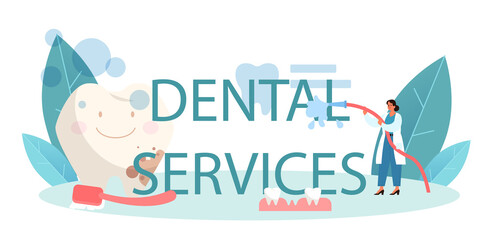Dental services typographic header. Dentist in uniform treating human