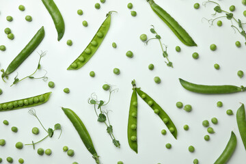 Green pea pods, seeds and twigs on white background