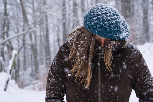 woman in the cold snow. 