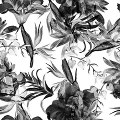 Black Tropical Plant. White Exotic Jungle. Hibiscus Garden. Seamless Leaves. Pattern Palm. Watercolor Textile. Summer Textile. Flower Background.