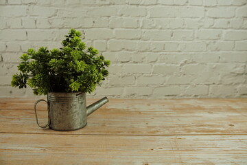 Green artificial plant with space copy on white brick wall background