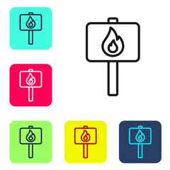 Black line Protest icon isolated on white background. Meeting, protester, picket, speech, banner, protest placard, petition, leader, leaflet. Set icons in color square buttons. Vector