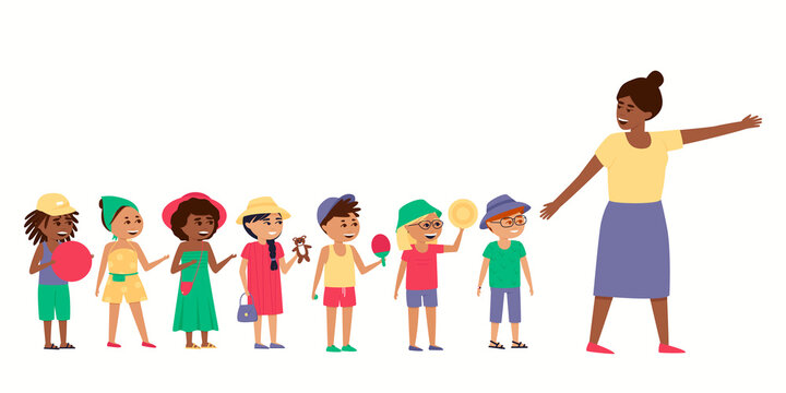 The teacher takes the children for a walk. Boys and girls walk and play with their favorite toys. International children in headdresses. Flat illustration images.