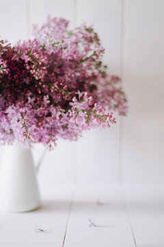 Freshly picked lilac bouquet in white pitcher