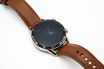 Smart watch with broken display screen isolated on white background