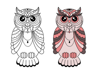 Magic stylized zentangle owl, doodle illustration for coloring. Decorative wild bird. Black outline on white background