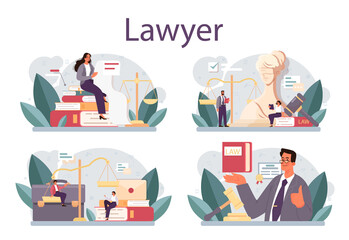 Lawyer concept set. Law advisor or consultant, advocate defending
