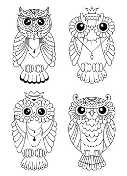 Set of Magic stylized zentangle owl, doodle illustration for coloring. Decorative wild bird. Black outline on white background