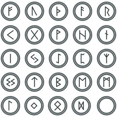 Set of related runic alphabets icon. Runes font symbol graphic. Ancient Norse vector illustrator. 