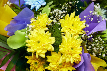 Bouquet of yellow chrysanthemums. Close-up, selective focus
