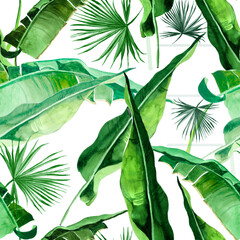 Palm leaves watercolor on white background seamless pattern for all prints. Tropical pattern.