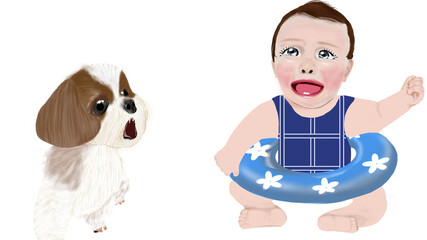 犬と浮き輪をつけて泣いている赤ちゃん