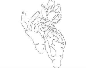 Palm hand hold a flower bud.One continuous line.Flower petals.One continuous drawing line logo isolated minimal illustration.