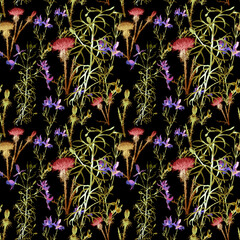Wild grass and flowers watercolor on black background seamless pattern for all prints.