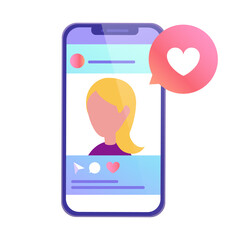 スマートフォンでSNSを見るベクターイラストアイコン(いいね)