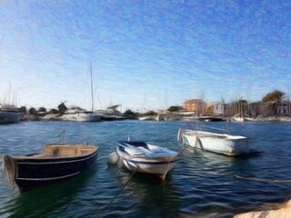 Fototapeta na wymiar Boats moored in the small harbor of the bay in Italy. Digital pastel painting.