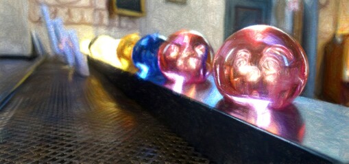 colorful crystal balls on display. Digital painting