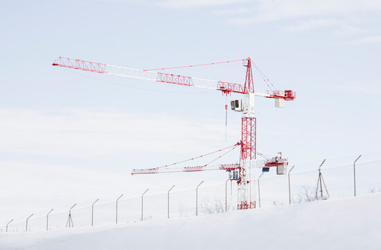 Tower cranes in the snowy scenery