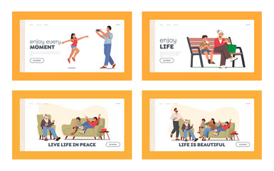 Happy Family Landing Page Template Set. People Walking in Park, Girl Posing for Father, Granny and Boy Eat Ice Cream