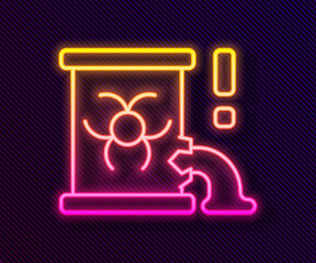 Glowing neon line Radioactive waste in barrel icon isolated on black background. Barrel with radioactive and toxic substance is spilled. Vector
