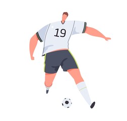 Soccer player running with ball forward and dribbling. Professional sportsman in uniform playing European football. Colored flat vector illustration of footballer isolated on white background