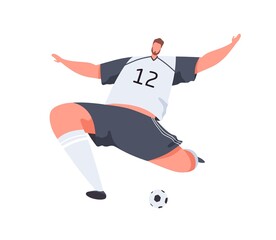 Athlete playing football, hitting ball. Abstract soccer player making strong kick with foot with running start. Colored flat vector illustration of professional footballer isolated on white background