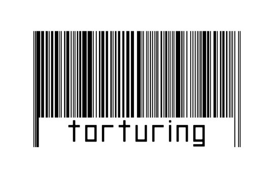 Digitalization concept. Barcode of black horizontal lines with inscription torturing
