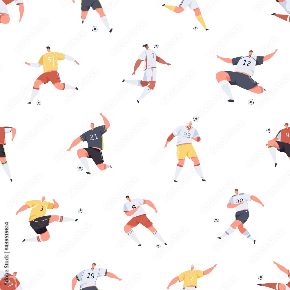 Poster seamless pattern with footballers playing soccer on white background. endless repeating texture desi