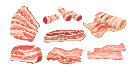 Set of Bacon Slices, Thin Strips, Delicious Food for Breakfast. Rashers, Raw or Smoked Fatty of Pork Meat, Tasty Snack - obrazy, fototapety, plakaty