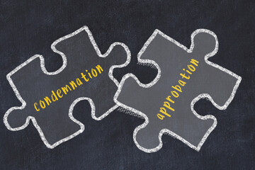 Concept of dealing with troubles. Chalk sketch of connecting puzzles with words condemnation and approbation