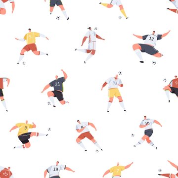 Seamless pattern with footballers playing soccer on white background. Endless repeating texture design with professional football players and ball. Colored flat vector illustration for printing