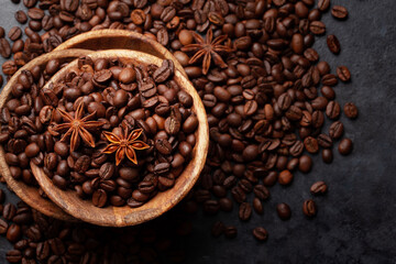 Roasted coffee beans in wooden bowl