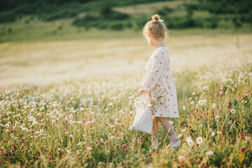 Fototapeta na wymiar Litlle happy girl in a white dress with a linen bag full of chamomile flowers walking in a field.
