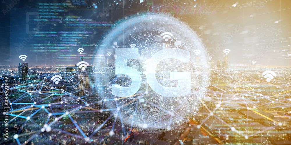 Poster smart city with 5g network and communication connection - 3d rendering