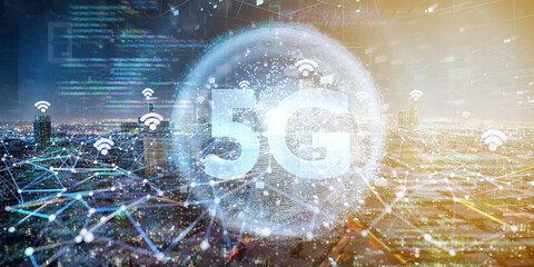 Smart city with 5G network and communication connection - 3d rendering