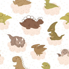 Cute little dinosaurs on clouds seamless pattern. Scandinavian print for nursery t-shirts, textiles, wrapping paper, kids apparel, invitation cover. Bright colored childish vector illustration.